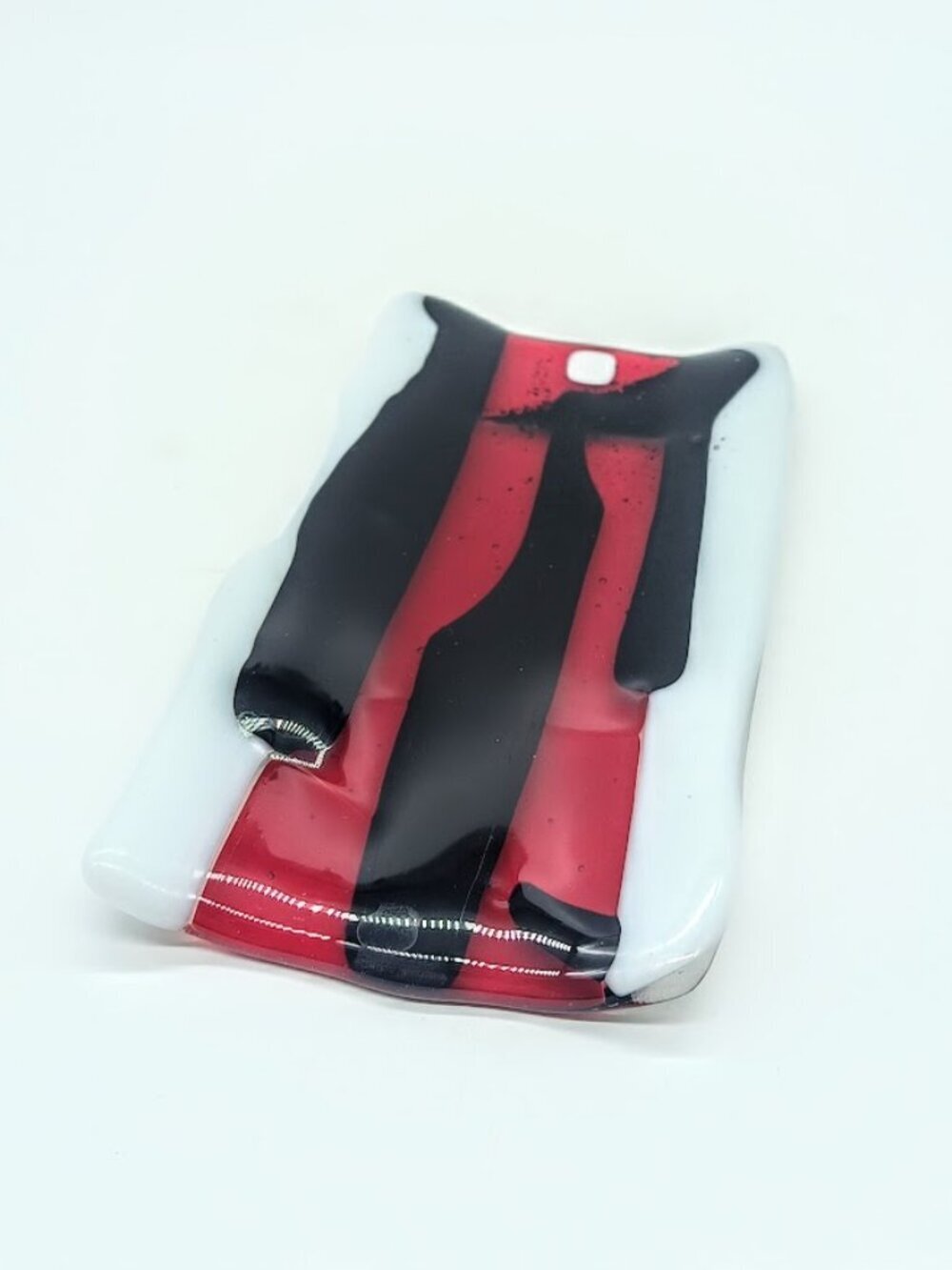 Black Red White Rectangular Fused Glass Dish - Signed
